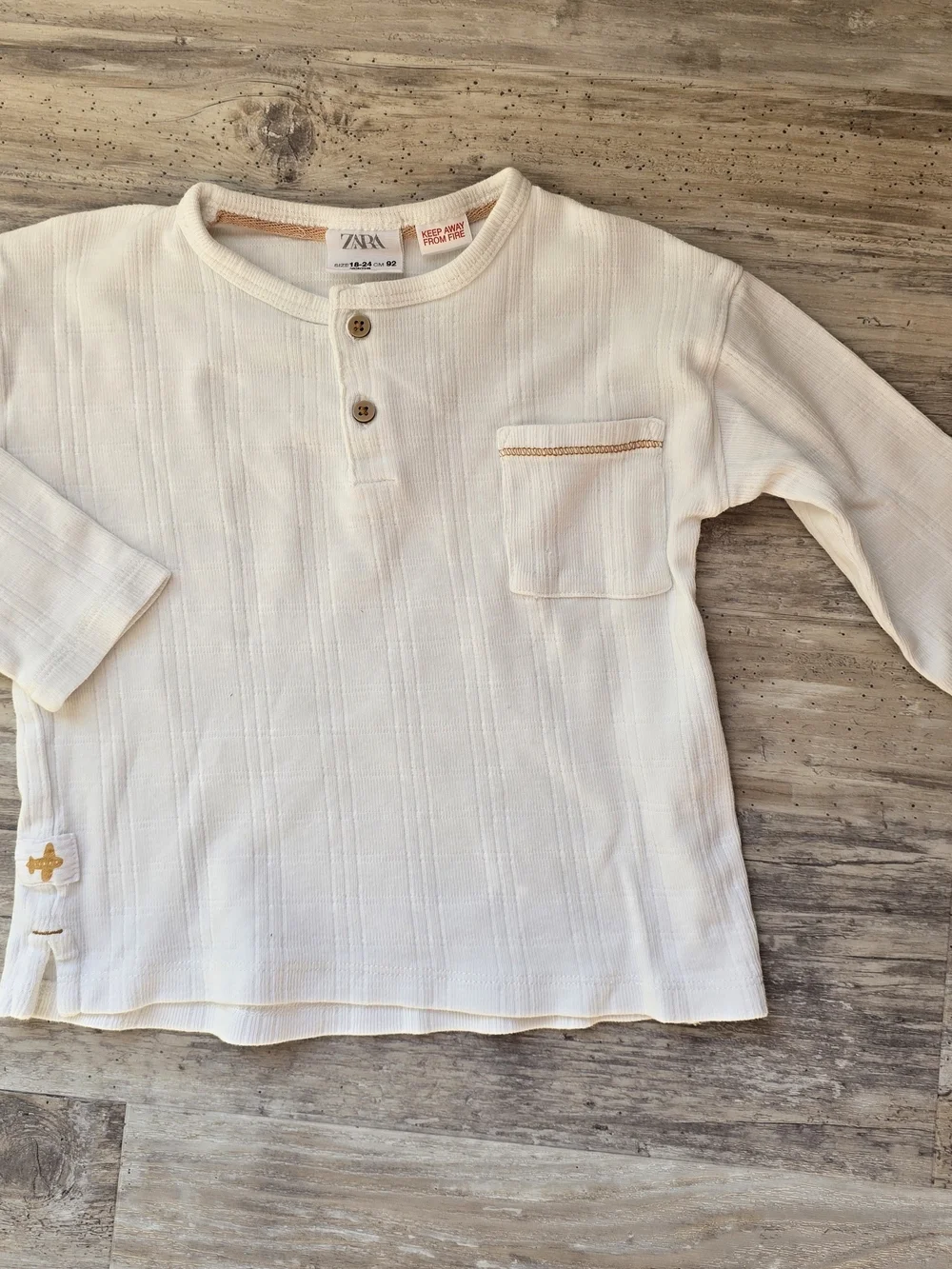 Zara Cream Ribbed Long Sleeve Henley with Tan Trim
